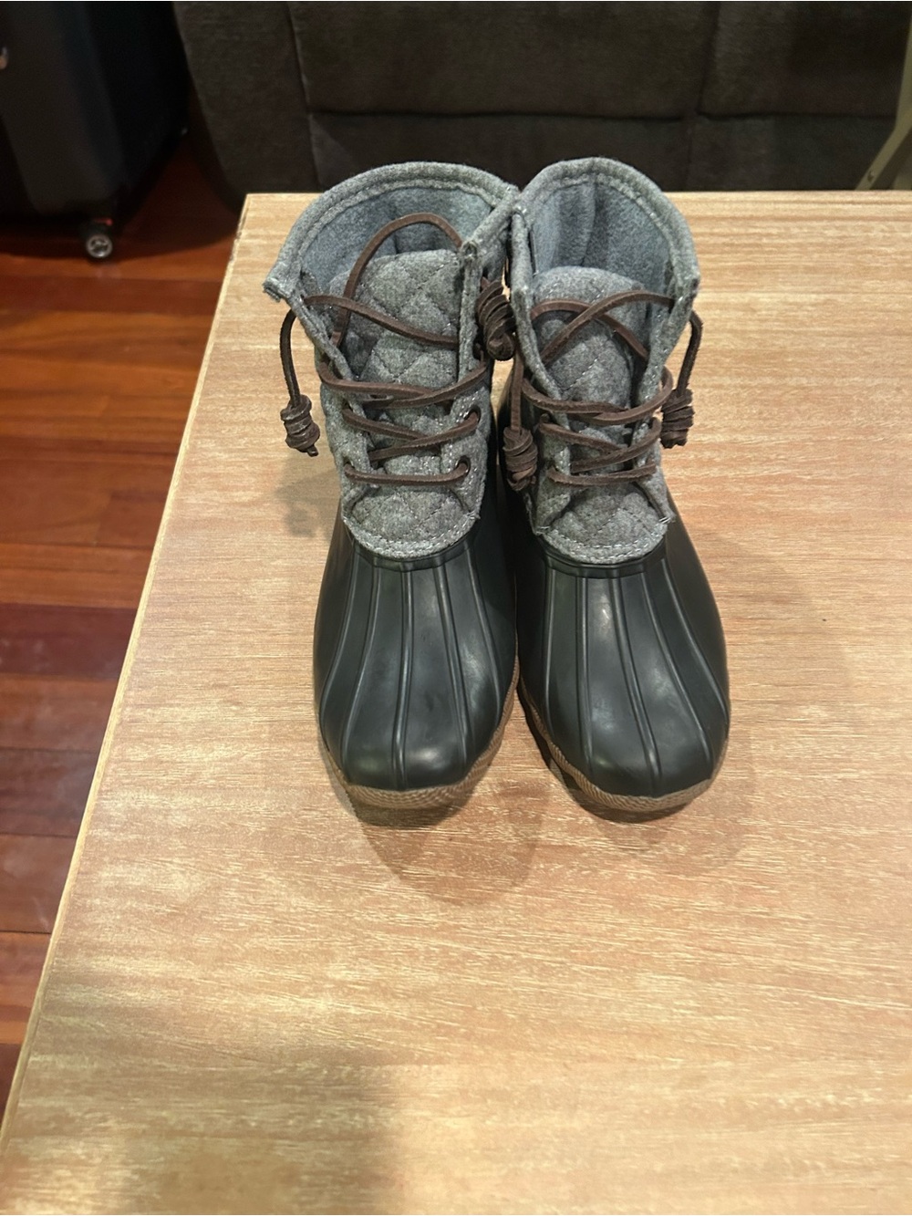 Steve Madden Gray Wool-Trim Duck Boots with Black Rubber Toe